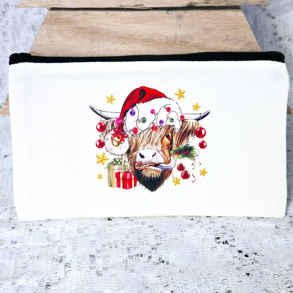 NEW SMALL CANVAS ZIPPER POUCH, COSMETIC BAG, CHRISTMAS DECORATED HIGHLAND COW 8"
